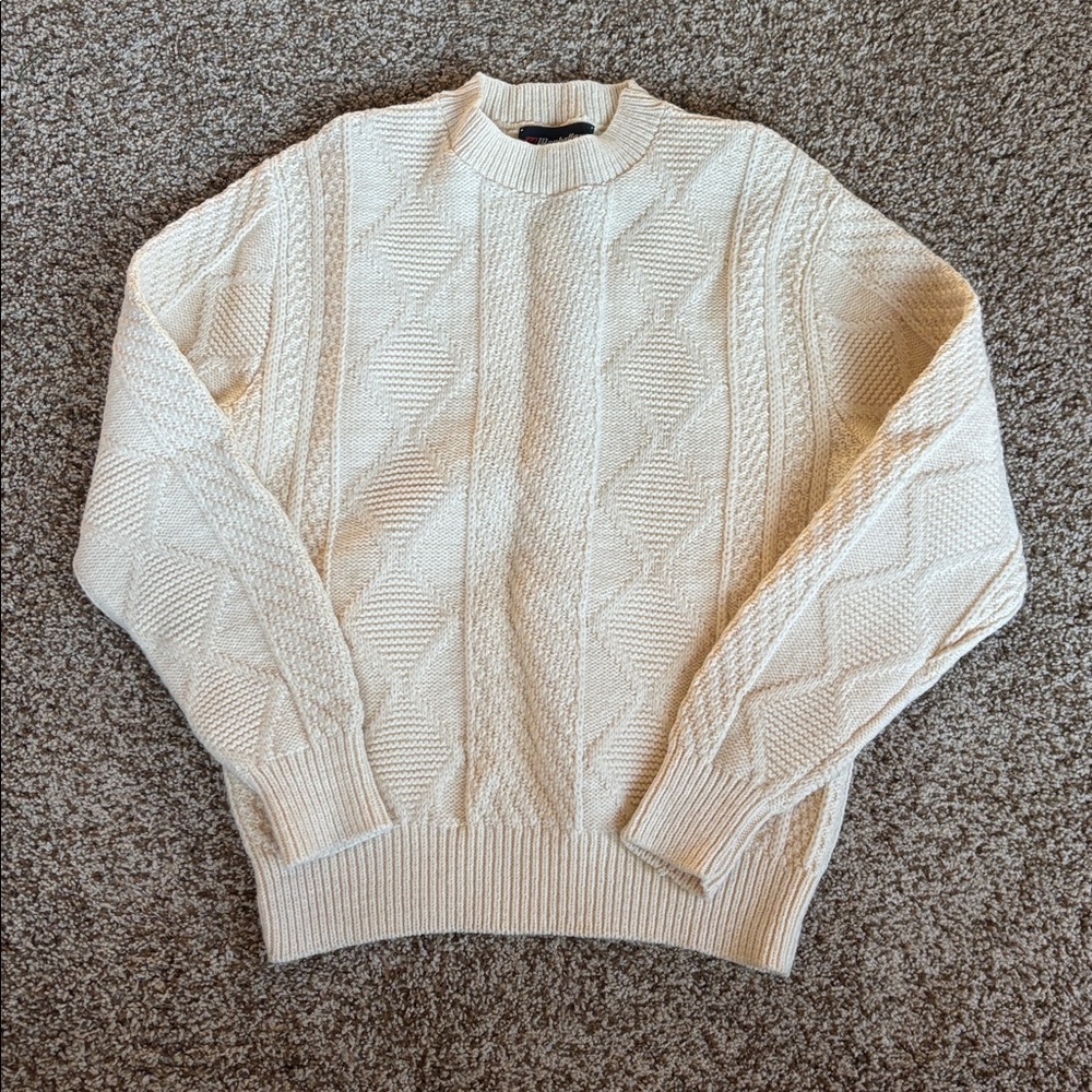 Cream Color Cable Knit Crewneck Sweater, Women’s Large, Machine Washable!